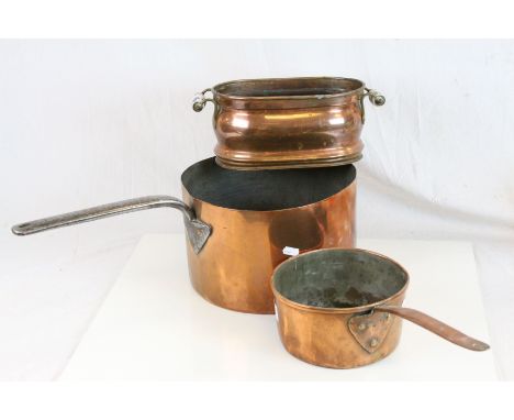 Two vintage Copper Saucepans & a Copper planter with Ceramic handles