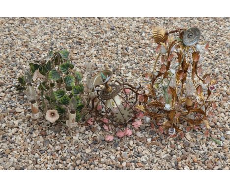 Three Ornate Colourful Toleware Chandeliers / Central Light Fittings, each decorated with leaves and / or flowers