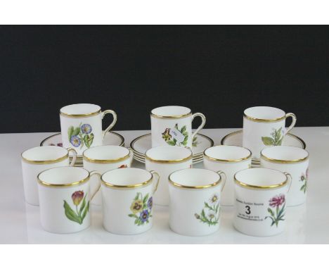 Set of 12 Royal Worcester coffee cups & saucers with hand painted Flowers and gilt detailing