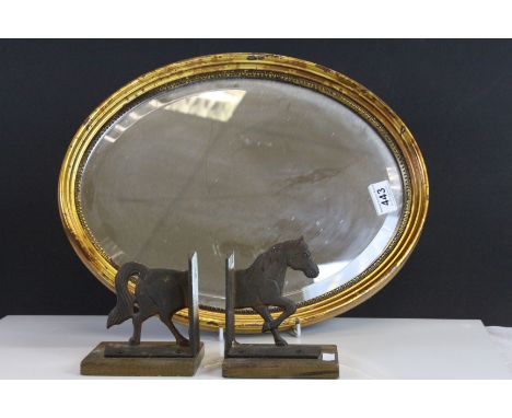 Gilt Framed Oval Mirror together with a Pair of Metal and Wooden Horse Bookends