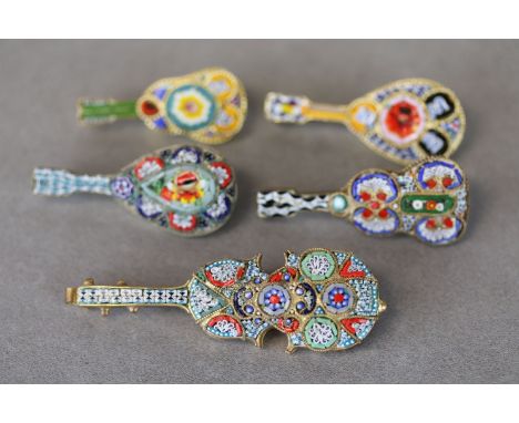 Five Vintage Italian Micro Mosaic Guitar / Banjo Shaped Brooches