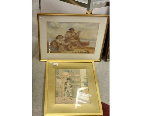 19 / 20th century Watercolour Portrait of a Boy Match Seller together with Watercolour of children with old sailor
