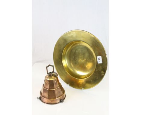 Victorian Copper Jelly Mould, Art Deco Copper Light Shade Holder and a Brass Bowl