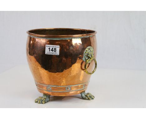 Copper Rivetted Planter / Jardiniere with Brass Ringed Lion Mask Handles and Three Brass Paw Feet 