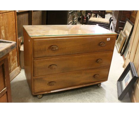 Ercol Light Elm Chest of Three Long Drawers with glass cover to top, approx. 67cms high x 90cms