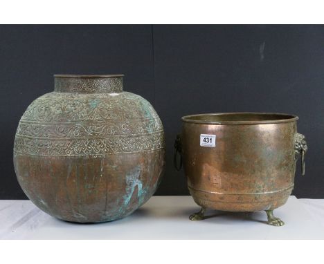 Copper Jardiniere / Planter with Brass Lion Mask Handle and Paw Feet together with Large Metal Middle Eastern Pot