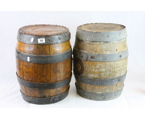 Two vintage Coopered Oak Barrels with Leather seat tops and studded detailing