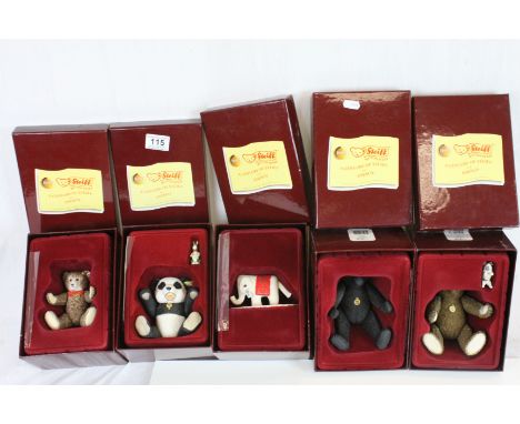 Five boxed Steiff Enesco animals to include; Panda & Dutch Rabbit Miniatures, Happy, Elephant Pin Cushion, Schwarz Bear, Brow