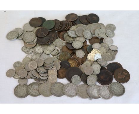 Small collection of vintage UK coins to include silver pre-decimal coins, George III cartwheel penny, George III penny, Georg