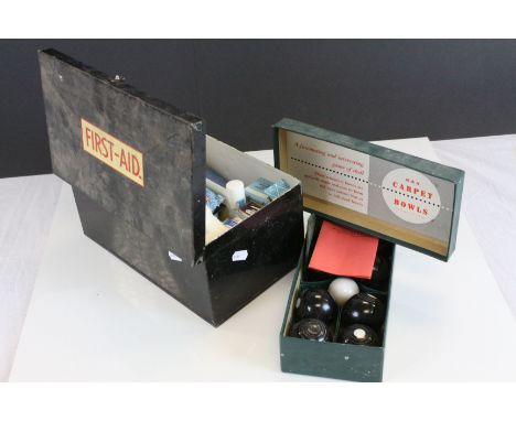 Vintage Metal First Aid Tin with contents together with a Boxed Brookes & Adams Indoor Carpet Bowls Set