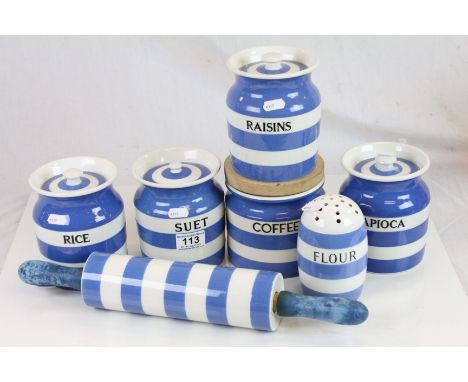 Collection of T G Green blue & white Kitchen ware to include named storage jars, flour shaker and rolling pin