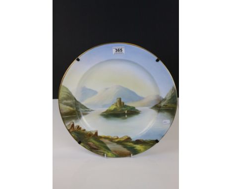Vintage ceramic Charger with hand painted scene depicting a Castle or Keep on a Lake