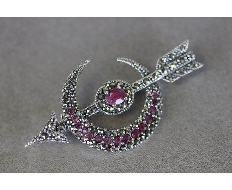 Silver Brooch in the form of an Arrow Set with Marcasites and Rubilite