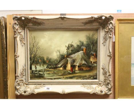 Framed Oil on canvas of a Village Winter scene and signed K Douglas