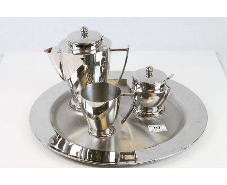 Art Deco Style White Metal Three Piece Tea Service on a Circular Tray