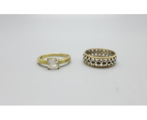 A 9ct gold and cubic zirconia ring, 1.7g, K, and a 9ct gold and silver ring, J 