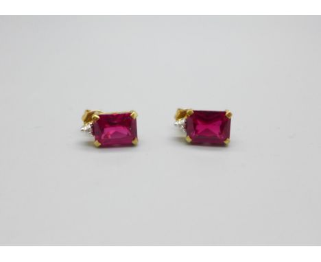 A pair of 9ct gold, diamond and synthetic ruby earrings, 1.9g 