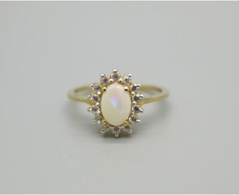 A 9ct gold, opal and white zircon ring, with certificate, 1.9g, N 