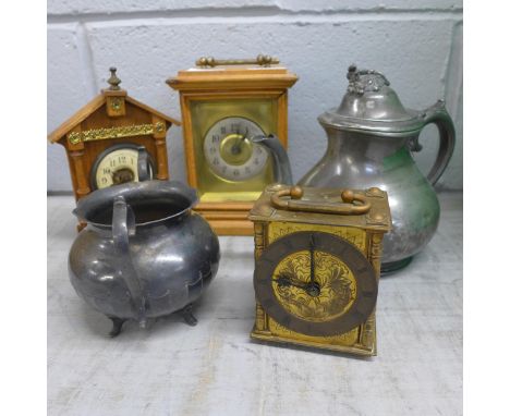 A Smiths brass mantel timepiece, two clocks, a pewter teapot and sugar basin  **PLEASE NOTE THIS LOT IS NOT ELIGIBLE FOR POST