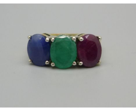 A silver gilt, ruby, sapphire and emerald ring, with certificate, Q 