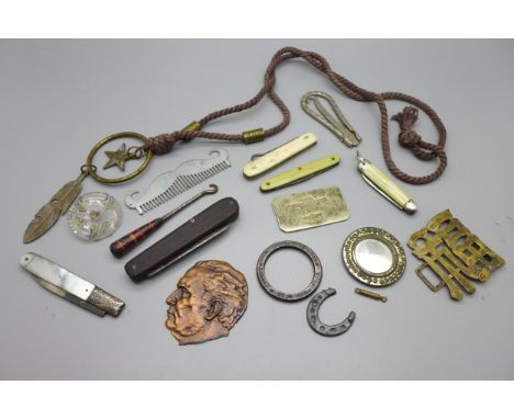 Four pocket knives including one Georgian with silver blade, a/f, moustache comb, part belt buckle, Native American necklace,