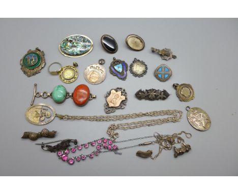 Four silver fob medals, two c1900 silver brooches, a silver St. Christopher pendant and chain, a silver and blue enamel badge
