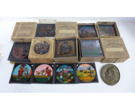 A collection of magic lantern slides including Pickwick, Three Bears, St. George and The Dragon, etc. 