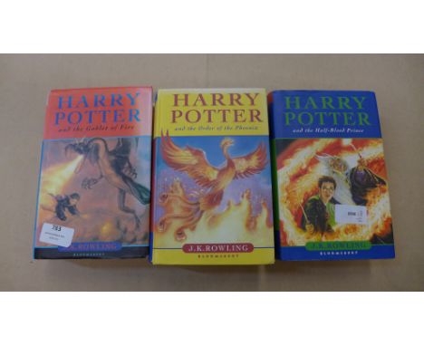 Three Harry Potter first edition books, 4, 5 and 6, 6 with print error on page 99 