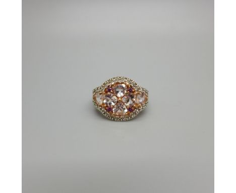 A silver gilt, morganite, rhodolite garnet and topaz ring, with certificate, O 