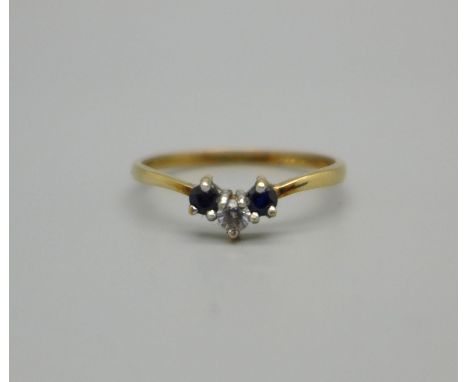 A 9ct gold ring set with sapphires and zircon, 0.9g, M 