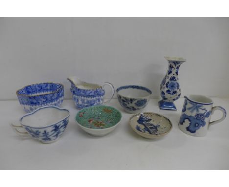 An oriental blue and white tea bowl, small chip on the rim, a Spode cream and sugar, a Wood &amp; Sons 1/uan cream jug, a Mei