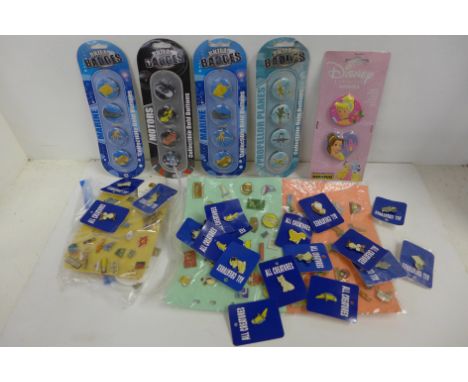 A collection of badges including Brill Badges, enamel badges and a pack of Disney magnets 