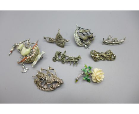 Eight marcasite set brooches including with enamel 