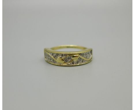 A 9ct gold and diamond Art Nouveau style ring, 2.5g, O 