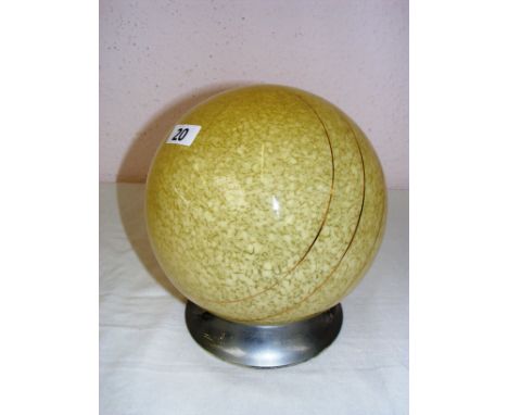 An 1940's French ceiling light, formed as a sphere with a mottled yellow glass and gold lines, it measures 9" tall. CONDITION