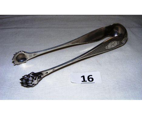 Philipe Berthier, 19th century, a fine pair of sterling silver sugar tongs, with engine turned decoration and hoof nips, meas