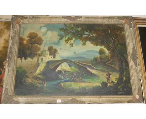 Pisani - Revellers in an extensive landscape, oil on canvase, 69 x 107cm; together with a continental school oil; and a distr