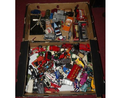 Two trays of loose and playworn mostly diecast models, to include a Matchbox Models fo Yesteryear Ford Model K, Matchbox Supe