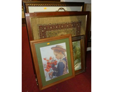 A reproduction tapestry inset fire screen; together with a reproduction monochrome print, after Renoir print, and a modern pr