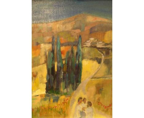 Contemporary school - Figures in a landscape, oil on panel, indistinclty signed lower right, 39 x 28cm 