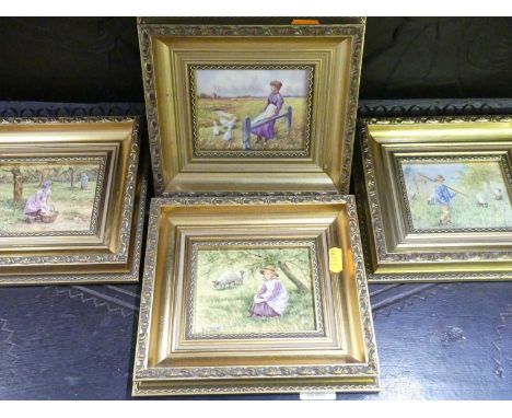 Frank Clark for Royal Worcester - a set of four porcelain plaques, each depicting figure landscape scenes with livestock, ena