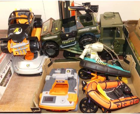 A collection of Action Man related transport models, to include a hovercraft, motorcycle, Jeep etc