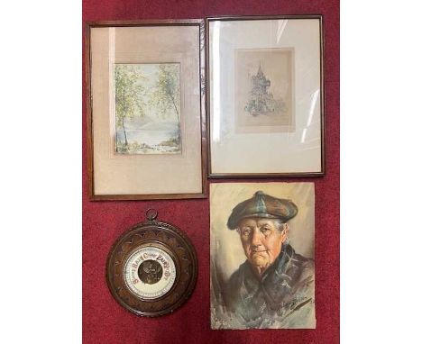A box of assorted pictures, prints and barometer, to include landscape watercolours, portraits etc