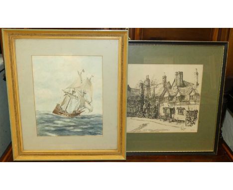 Ken Long - The village green, Great Bardfield, ink drawing; together with various prints, amateur maritime watercolours etc
