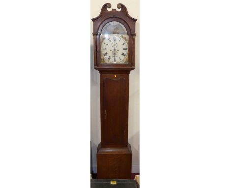 A George III provincial oak longcase clock, having a painted arched seascape dial, signed E. Crake Lowestoft, with subsidiary