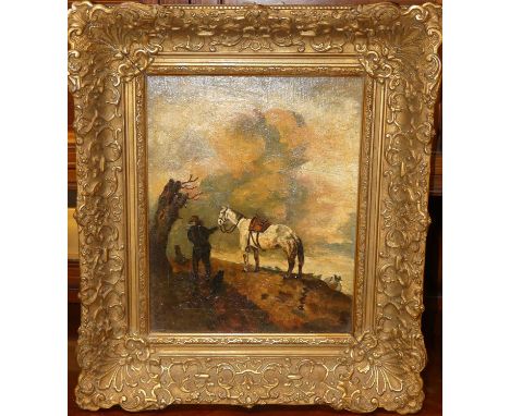 19th century English school - White horse returning home in a landscape, oil on canvas, 30 x 24cm 