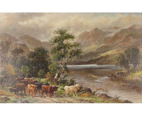 A. Lewis - Cattle in a Highland mountain river landscape, oil on canvas, signed and dated '10 lower right, 50 x 75cm 