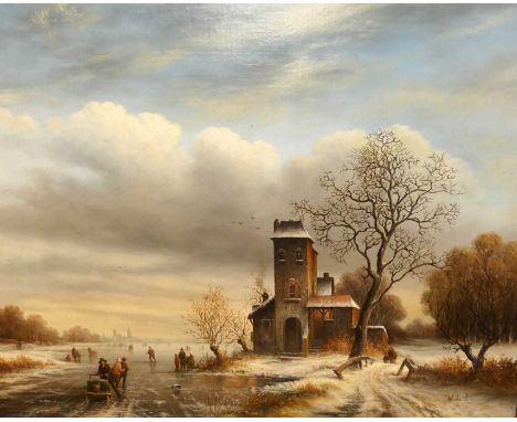W. de Jounge - Ice-skaters in a Dutch landscape, oil on canvas, signed lower right, 42 x 53cm 