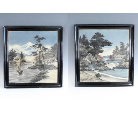 A pair of Japanese Yuzen-Birodo velvet paintings, early 20th century. Each depicting a serene landscape with traditional that