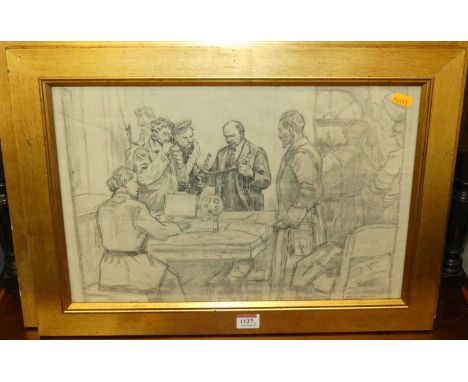 Late 20th century Russian school - Code-breakers, pencil, 30 x 45cm; together with a mid-20th cenutry Ukrainian portrait stud